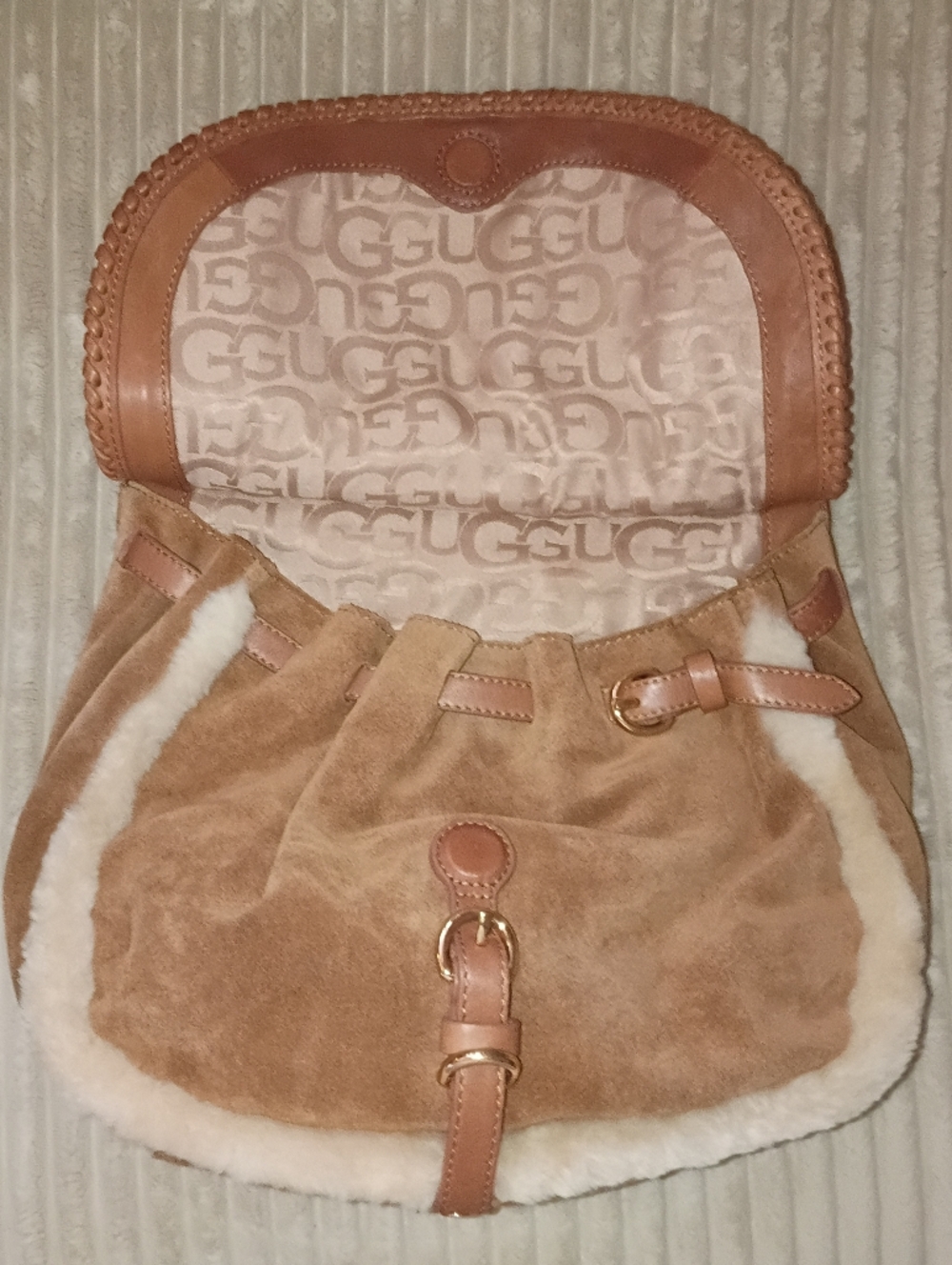 UGG Chestnut Suede Hobo with Shearling Trim
